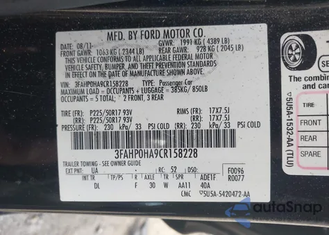 2012 Ford Fusion Se from USA, damaged, VIN 3FAHP0HA9CR158228